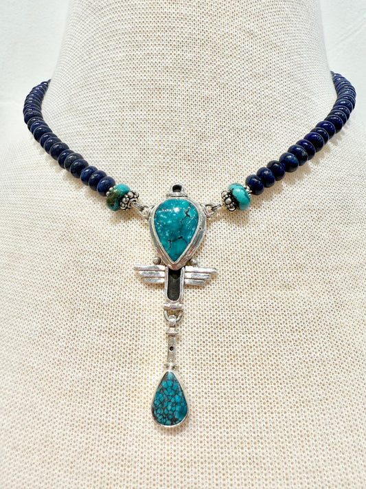 Egyptian Inspired Turquoise & Sterling Silver Pendant W/ Lapis Beaded Necklace by Fosilart