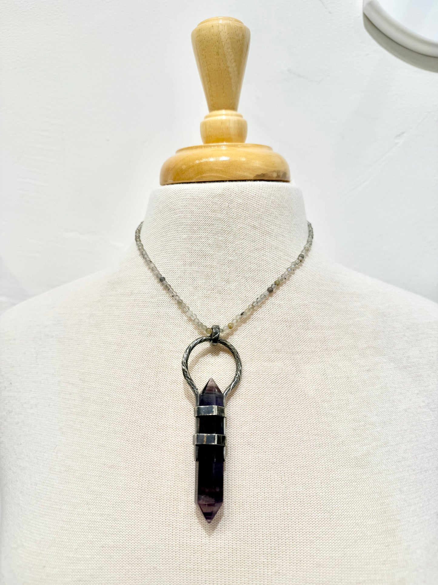 Fluorite Crystal Pendant with Labradorite Bead Strand Necklace by Everything Tibetan