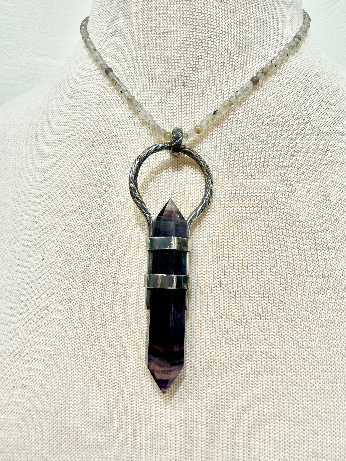 Fluorite Crystal Pendant with Labradorite Bead Strand Necklace by Everything Tibetan