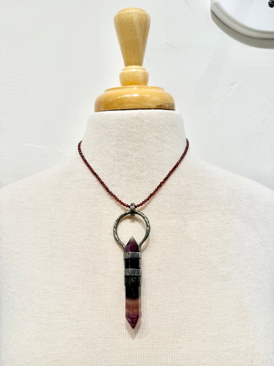 Fluorite Crystal Pendant with Garnet Bead Strand Necklace by Everything Tibetan