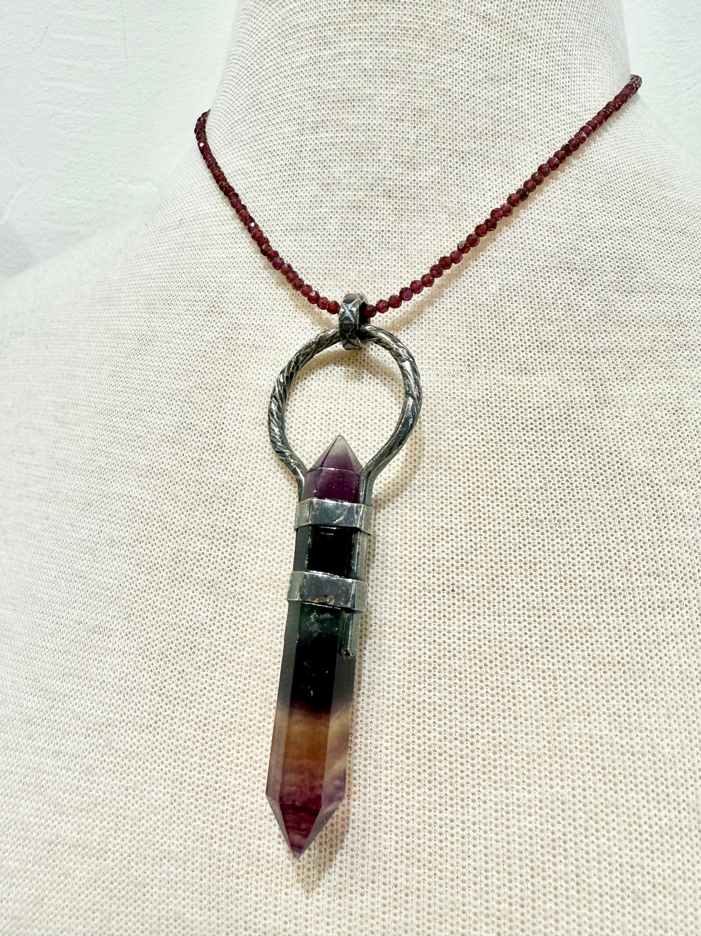 Fluorite Crystal Pendant with Garnet Bead Strand Necklace by Everything Tibetan