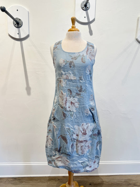 Flowers Printed Balloon Linen Dress by Look Mode in Blue Jean