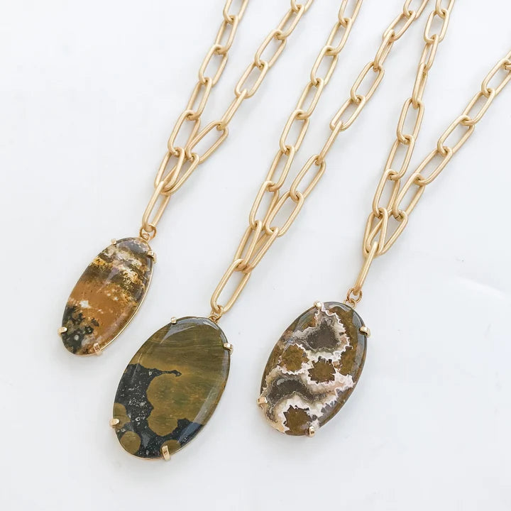 Gemstone Pendant on 18" XL Paperclip Necklace by Virtue Jewelry Design in Ocean Jasper