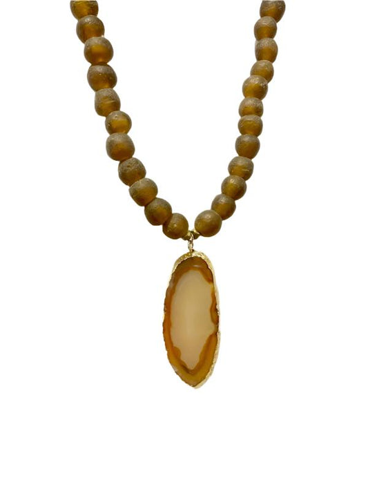 Agate Slice with Glass Beads Necklace by Virtue Jewelry Design in Brown