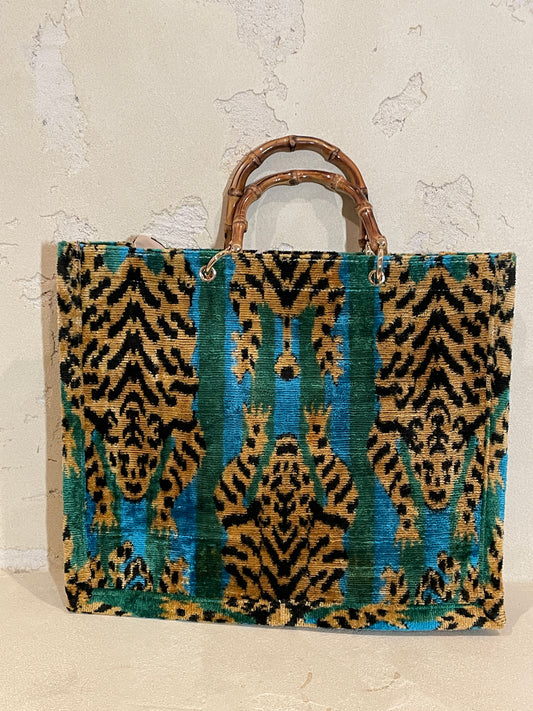 Large Tote w/Bamboo Handle by Wolf & Willa in Big Cat Blue