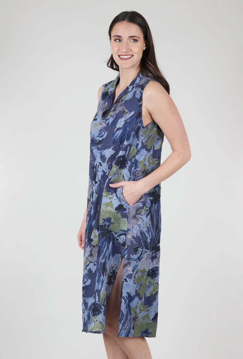 Painted Floral Linen Dress by Lands Downunder in Indigo