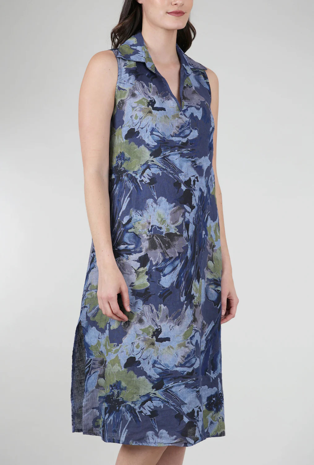 Painted Floral Linen Dress by Lands Downunder in Indigo