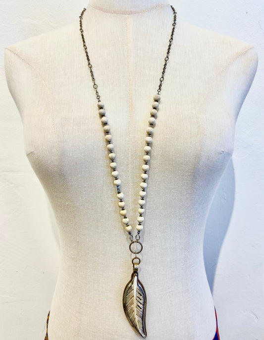 Carved Bone Feather Pendant Necklace