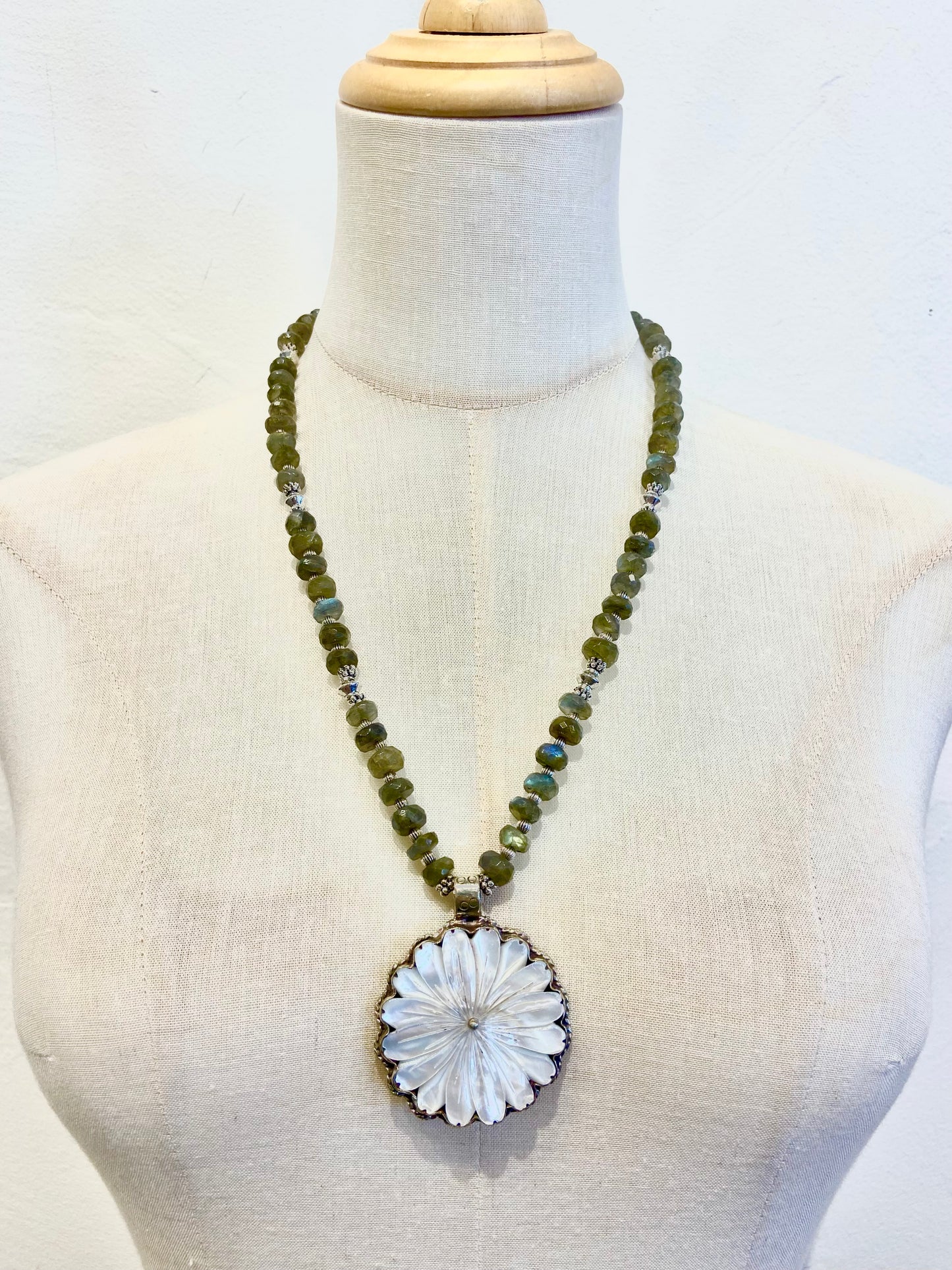 Carved Mother of Pearl Flower Pendant by Dorjec Design with Labradorite Bead Necklace