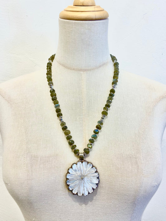 Carved Mother of Pearl Flower Pendant by Dorjec Design with Labradorite Bead Necklace