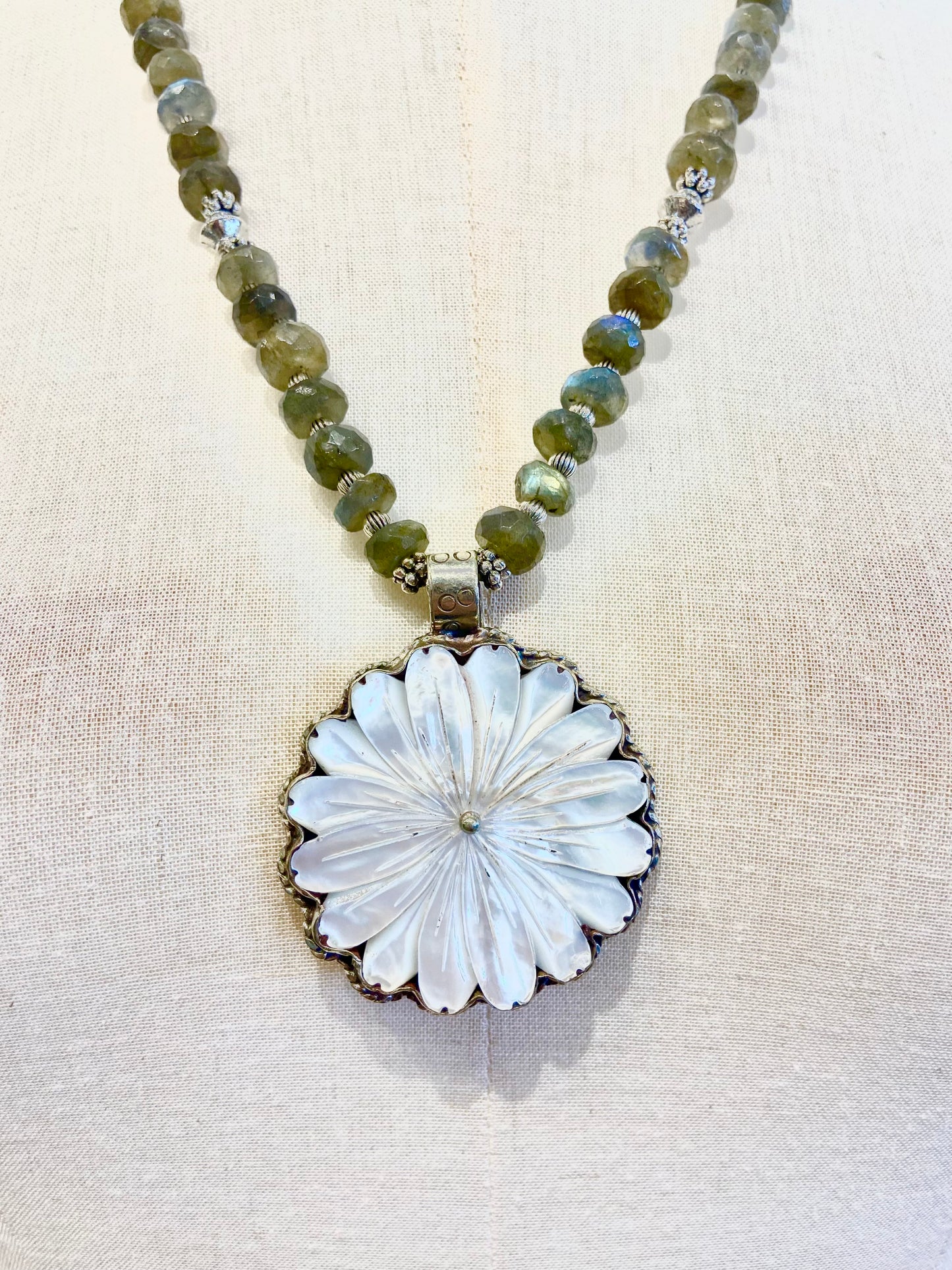Carved Mother of Pearl Flower Pendant by Dorjec Design with Labradorite Bead Necklace