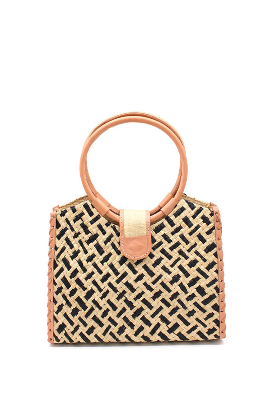 Ibiza Straw Handbag w/Leather Handles by Shebobo in Black