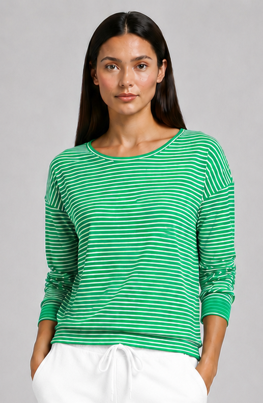 Rib Stripe Texture High Low Top by Astrologie in Kelly Green/White