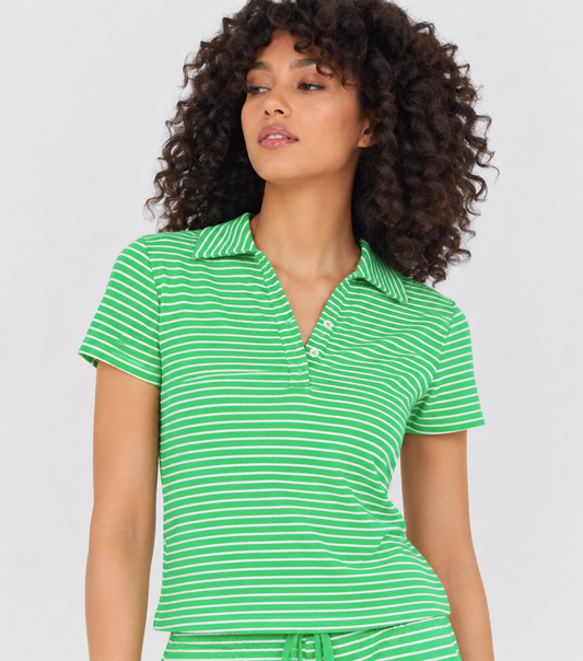 Striped Polo Top by Astrologie in Kelly Green/White