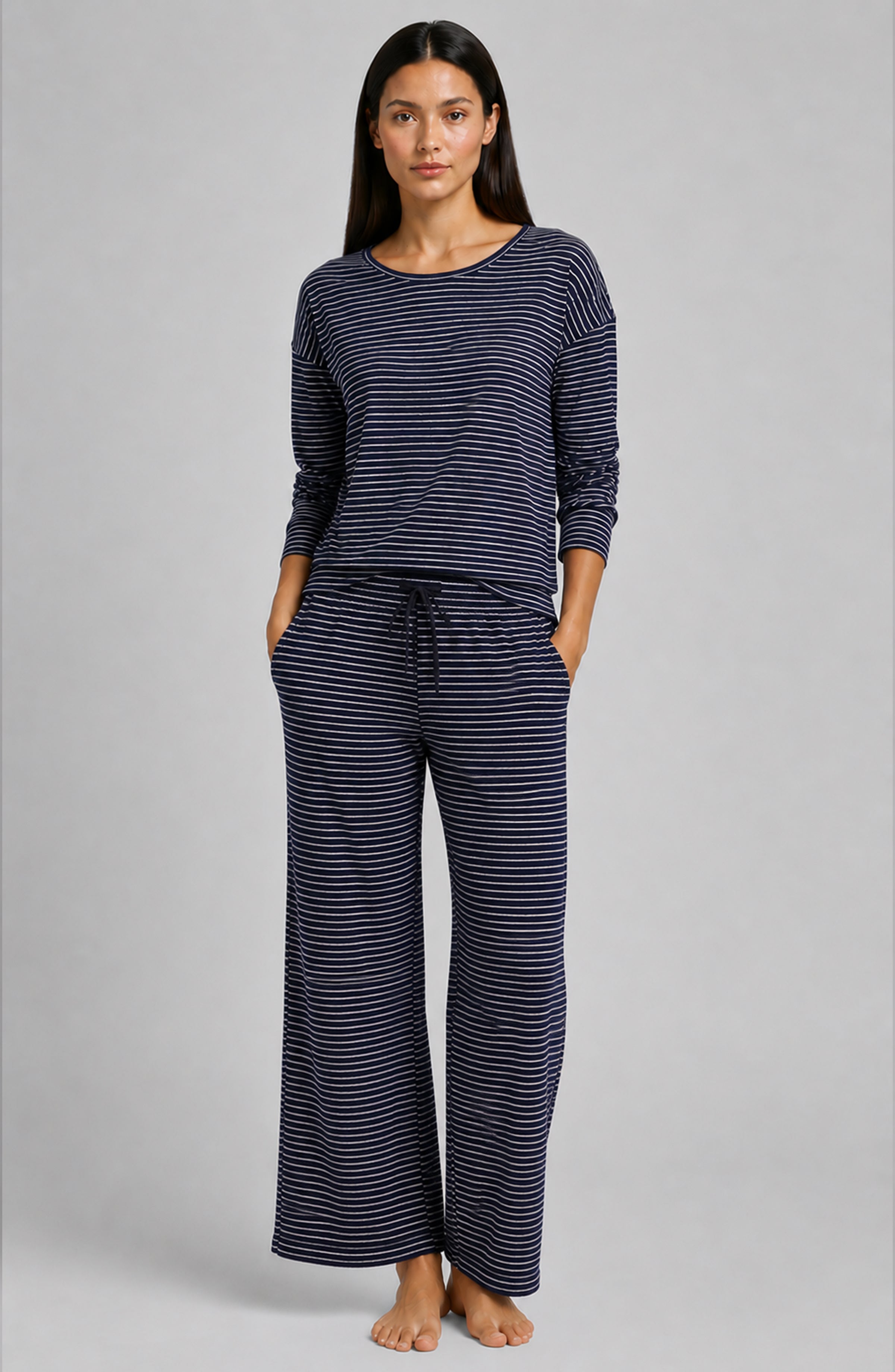 パンツ Atlast&Co. TWOTUCKTROUSERS NAVYSTRIPE 30 Hacci Stripe Wide Leg Pant by Astrologie in Navy/White – Meadowlark