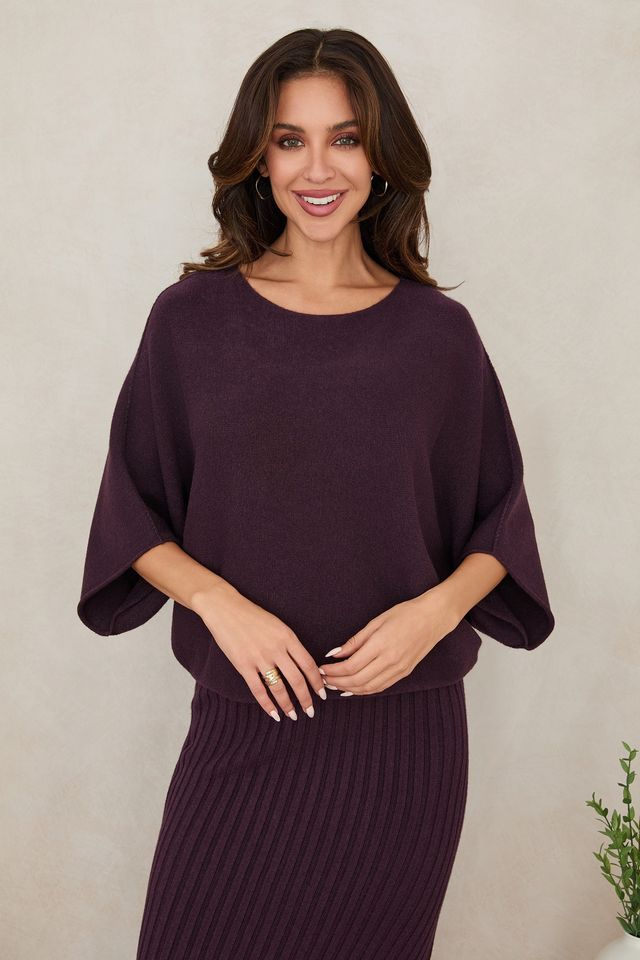 Crew Neck Batwing Sleeve Knit Top by Milio Milano in Eggplant