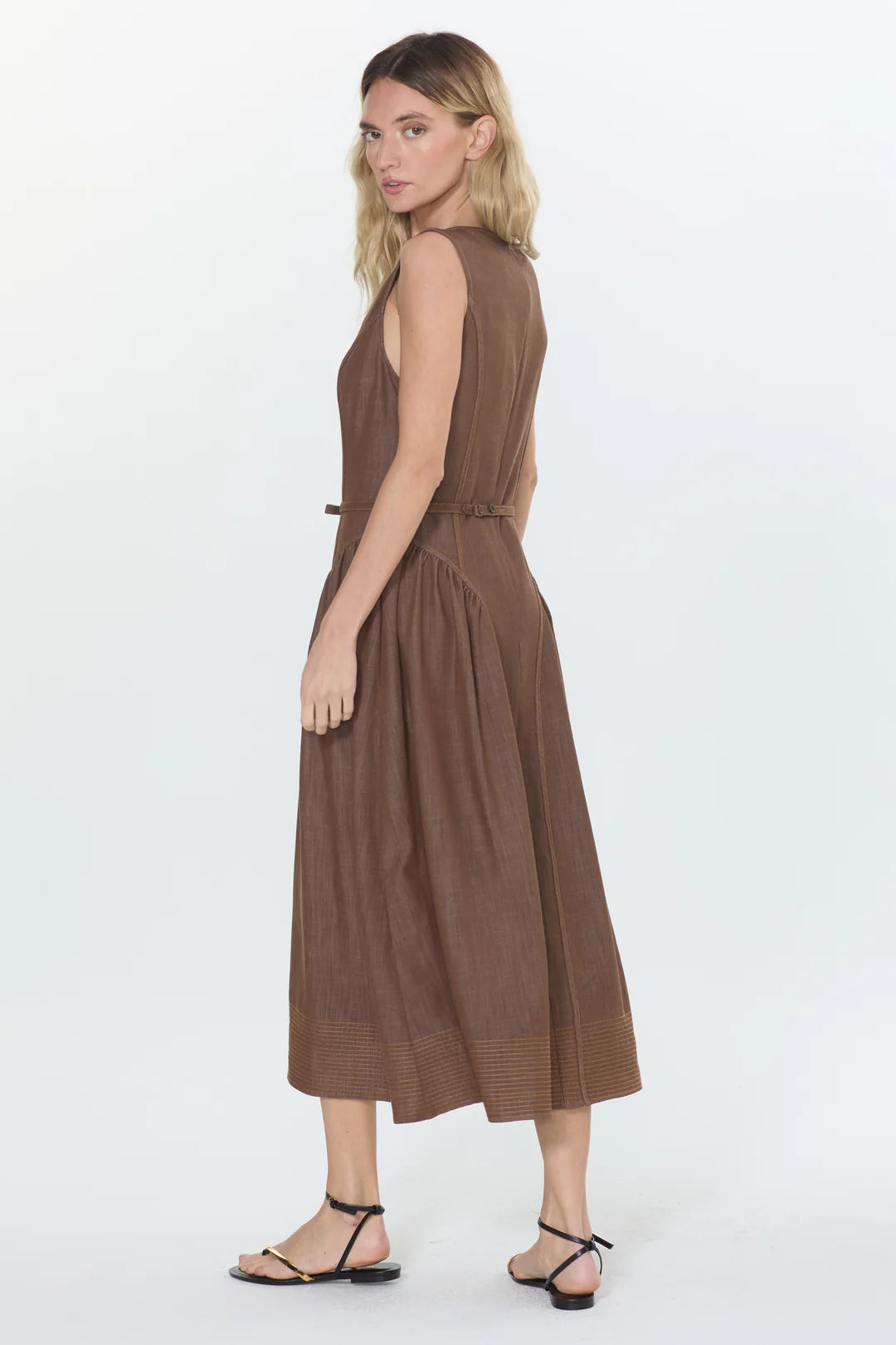 Bruni Topstitched Denim Effect Midi Dress by Ciebon in Brown