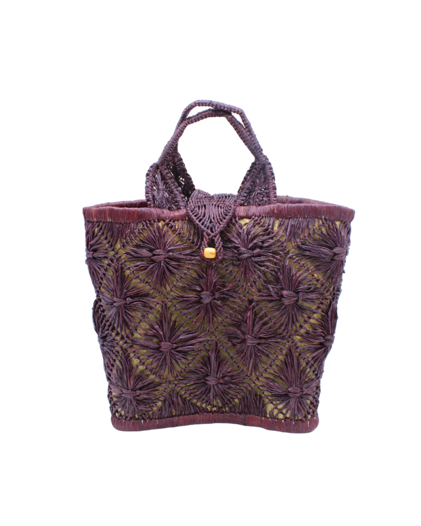 Large Lusha Macrame Diamond and Crochet Straw Basket Bag by Shebobo in Umberwine