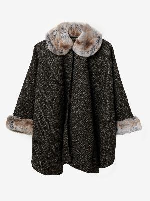 Chambord Faux Fur Collar/Sleeves Poncho by Maison Lurex in Dark Brown