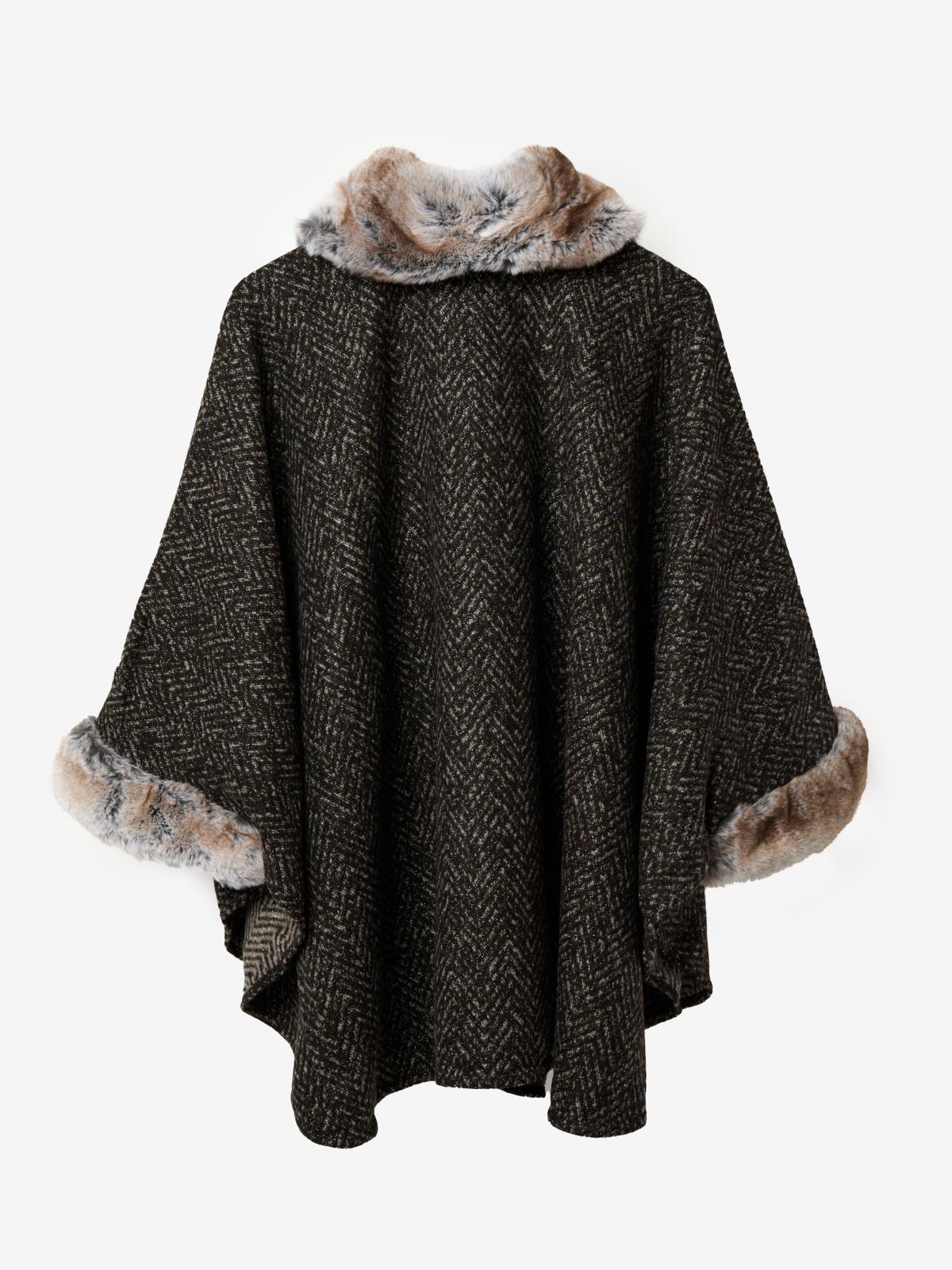 Chambord Faux Fur Collar/Sleeves Poncho by Maison Lurex in Dark Brown