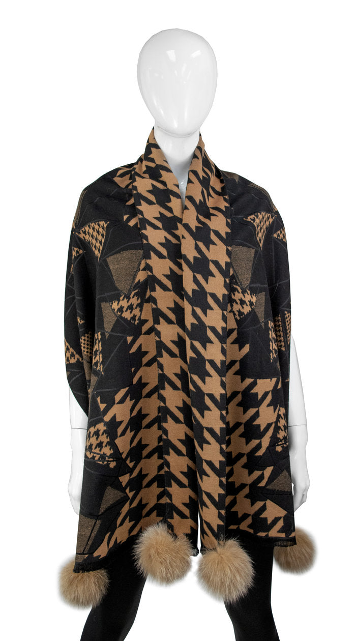Zigzag Houndstooth Print Scarf w/Fox Poms by Mitchie's Matchings in Camel