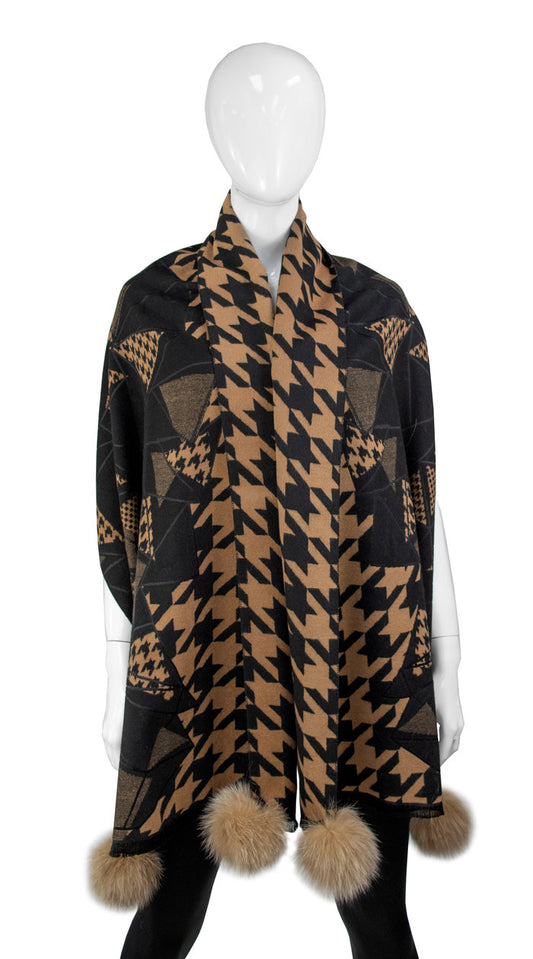 Zigzag Houndstooth Print Scarf w/Fox Poms by Mitchie's Matchings in Camel