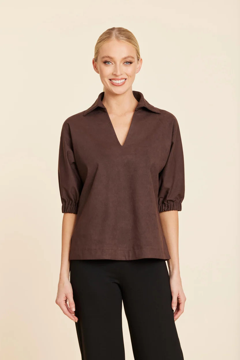 Faux Suede Johnny Collar Top by Dolce Cabo in Brown
