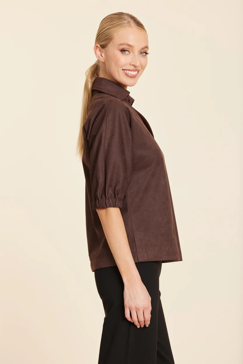 Faux Suede Johnny Collar Top by Dolce Cabo in Brown