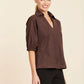 Faux Suede Johnny Collar Top by Dolce Cabo in Brown