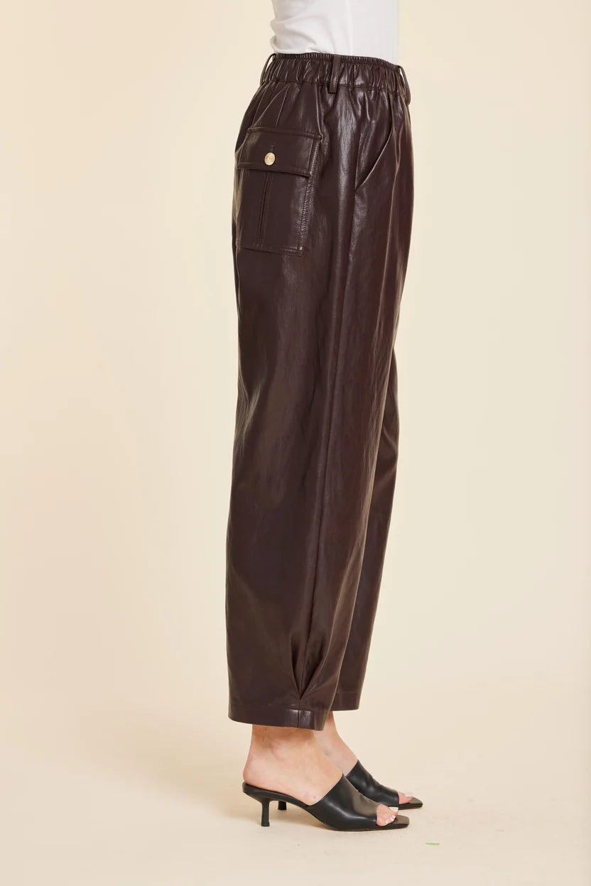 Faux Leather Barrel Leg Pant by Dolce Cabo in Eggplant