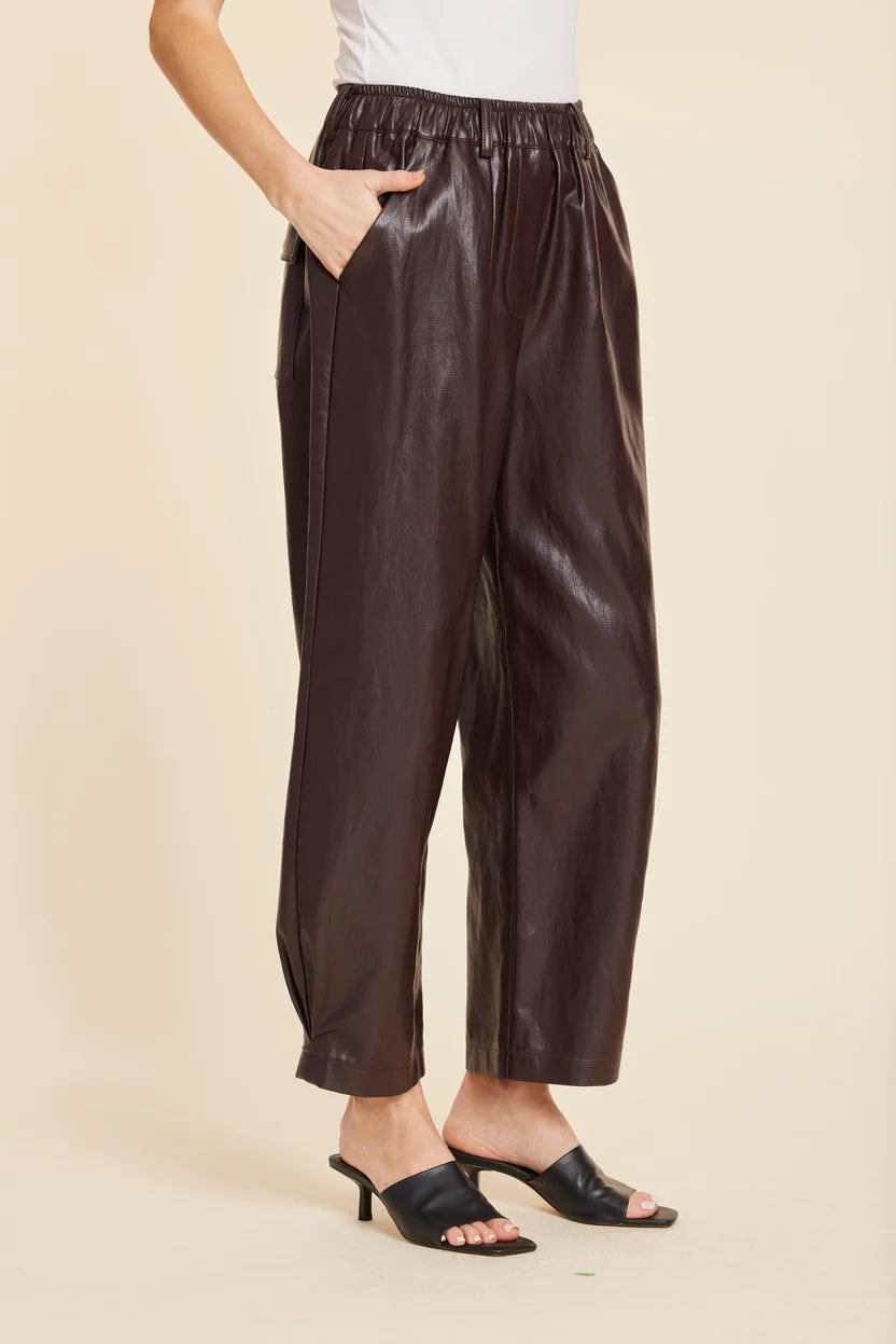 Faux Leather Barrel Leg Pant by Dolce Cabo in Eggplant