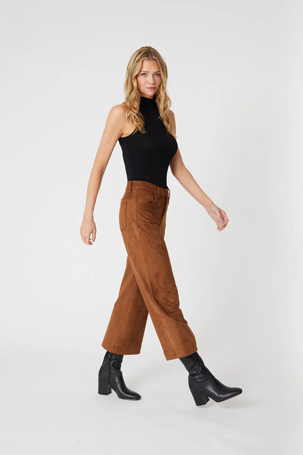 Annabelle Crop Vegan Faux Suede Wide Leg Pant by Level 99 in Tobacco