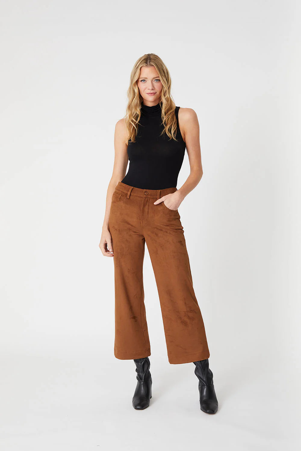Annabelle Crop Vegan Faux Suede Wide Leg Pant by Level 99 in Tobacco