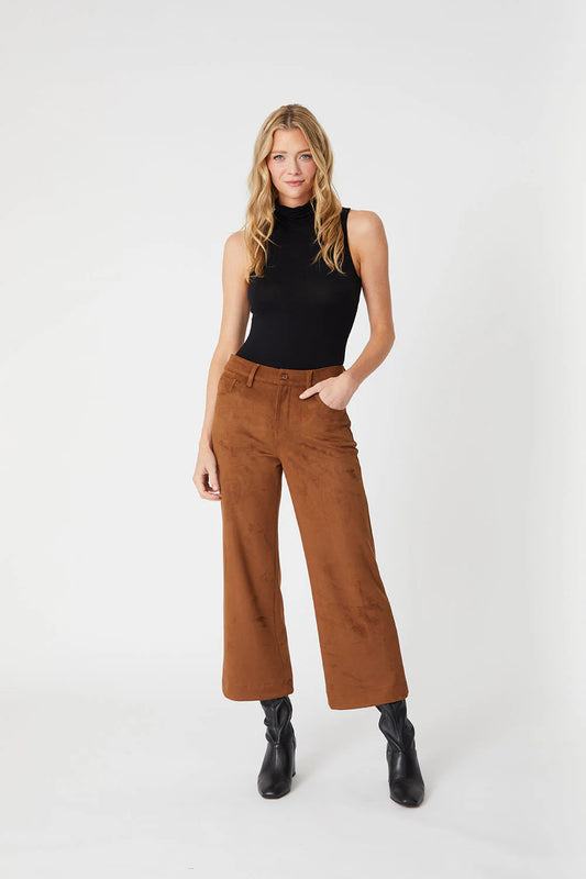 Annabelle Crop Vegan Faux Suede Wide Leg Pant by Level 99 in Tobacco
