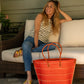 Small Santa Cruz Pinstripes Straw Tote Bag by Shebobo in Coral