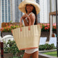 Large Santa Cruz Two-Tone Pinstripes Straw Tote Bag by Shebobo in Natural w/Black Pin