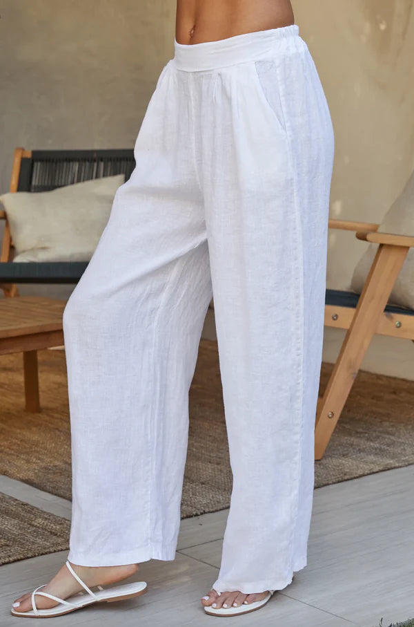 Wide Leg Pleated Linen Pants by Milio Milano in White