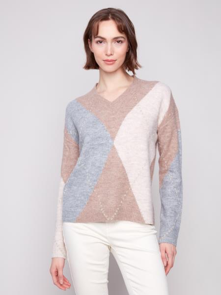 V-Neck Argyle Jacquard Sweater by Charlie B in Sesame