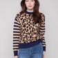 Crew Neck Sweater w/Striped Sleeves by Charlie B in Leopard