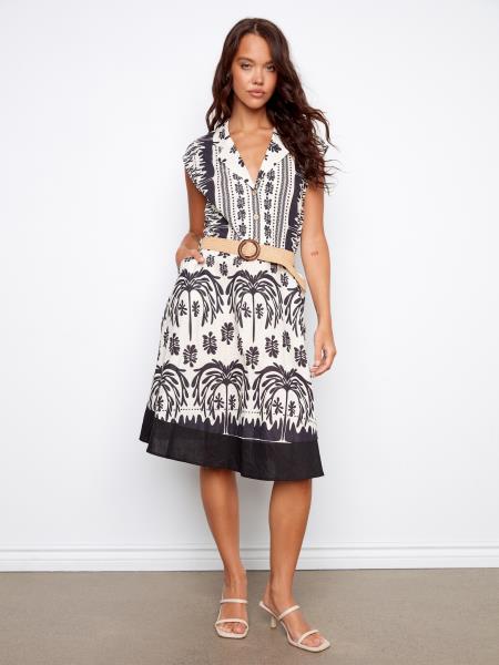 Printed Linen Cap Sleeve Dress with Straw Belt by Charlie B in Oasis