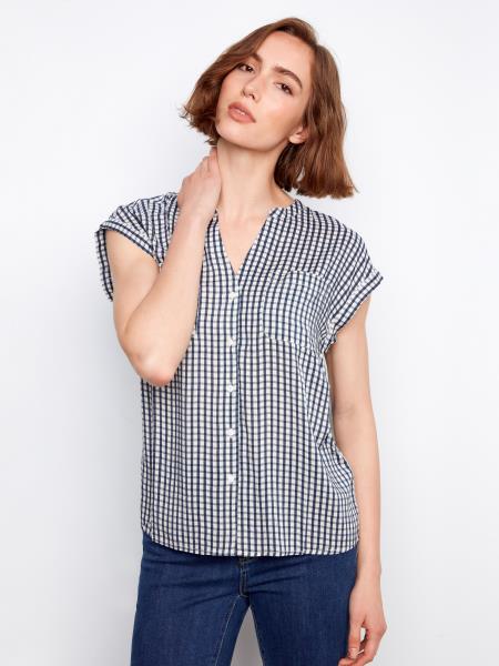 Printed Gingham Short Sleeve Blouse by Charlie B in Navy