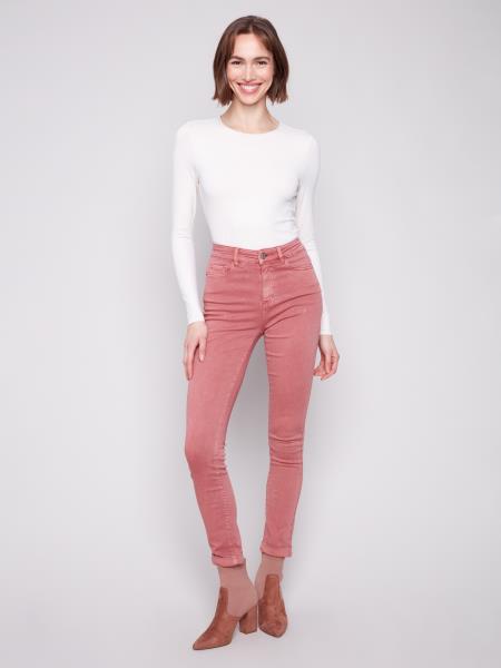 Cuffed Hem Slim 5 Pocket Colored Twill Pants by Charlie B in Primrose