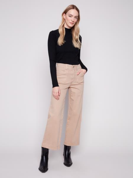 Cropped Wide Leg Colored Twill Pants w/Rectangular Patch Pockets by Charlie B in Sesame