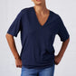 Slub Jersey V-Neck Elbow Sleeve Tee by Franne Golde in Navy