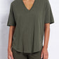 Slub Jersey V-Neck Elbow Sleeve Tee by Franne Golde in Olive