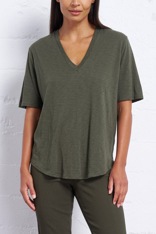 Slub Jersey V-Neck Elbow Sleeve Tee by Franne Golde in Olive