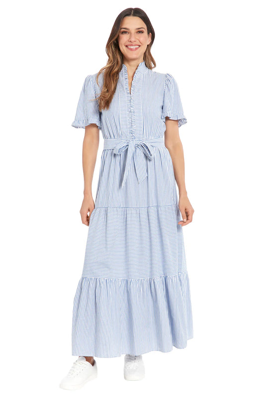 Mackenzie Dress by London Times Fashion in Blue and White Twill Stripe