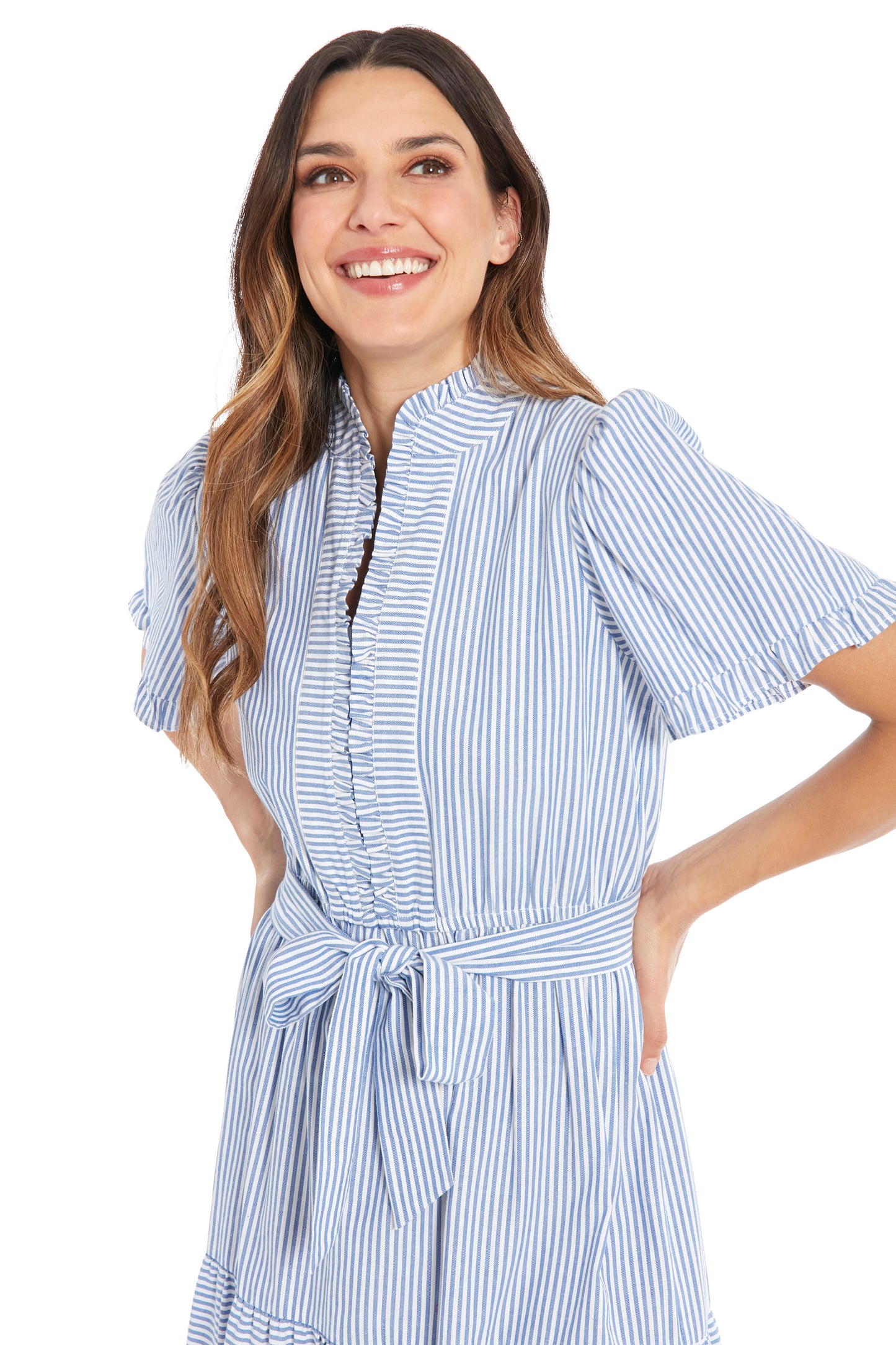 Tiered Stripe Maxi Dress with Sash Tie by London Times in Blue/White