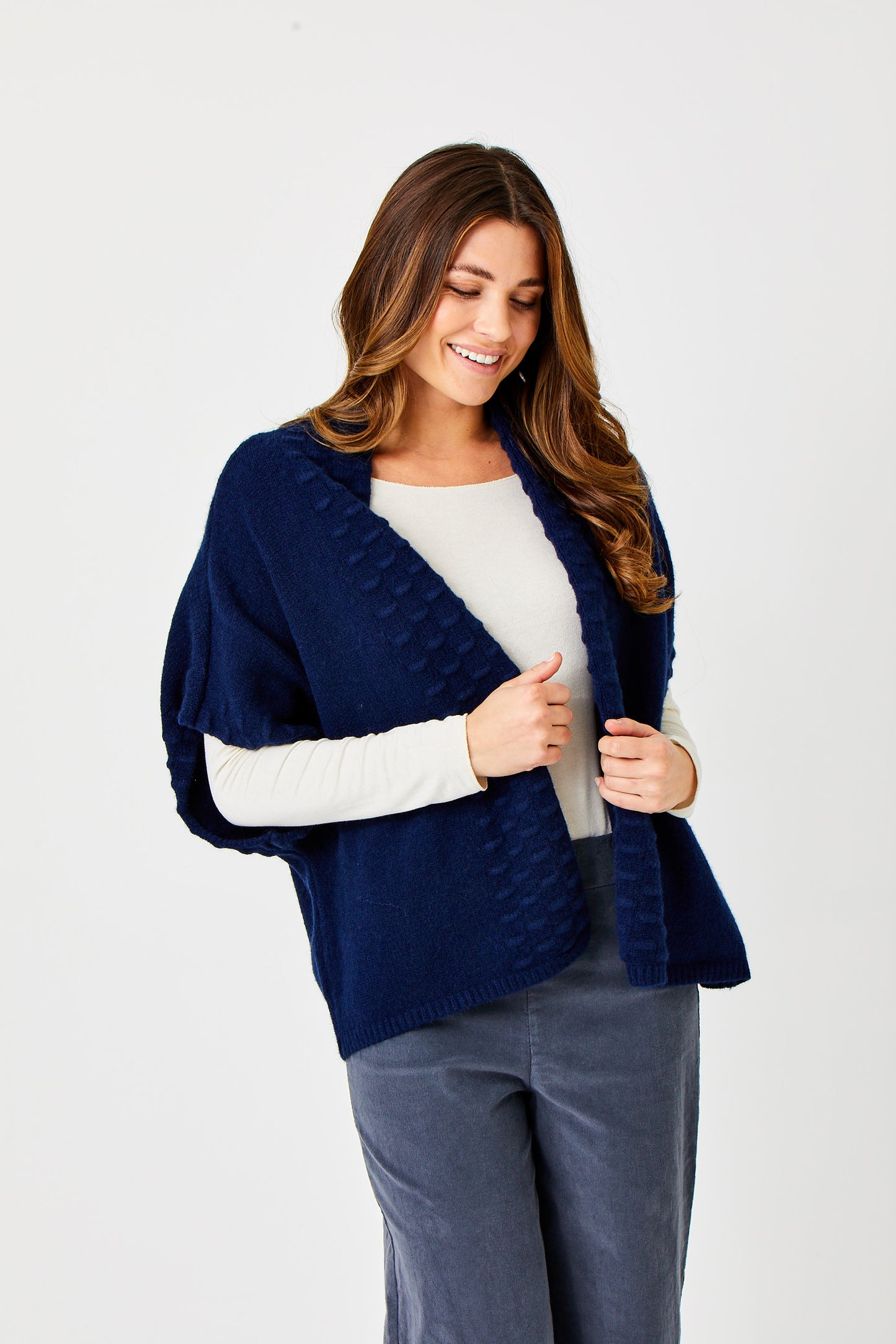 Teagan Short Sleeve Textured Front Knit Cardigan by Suzy D London in Midnight Blue