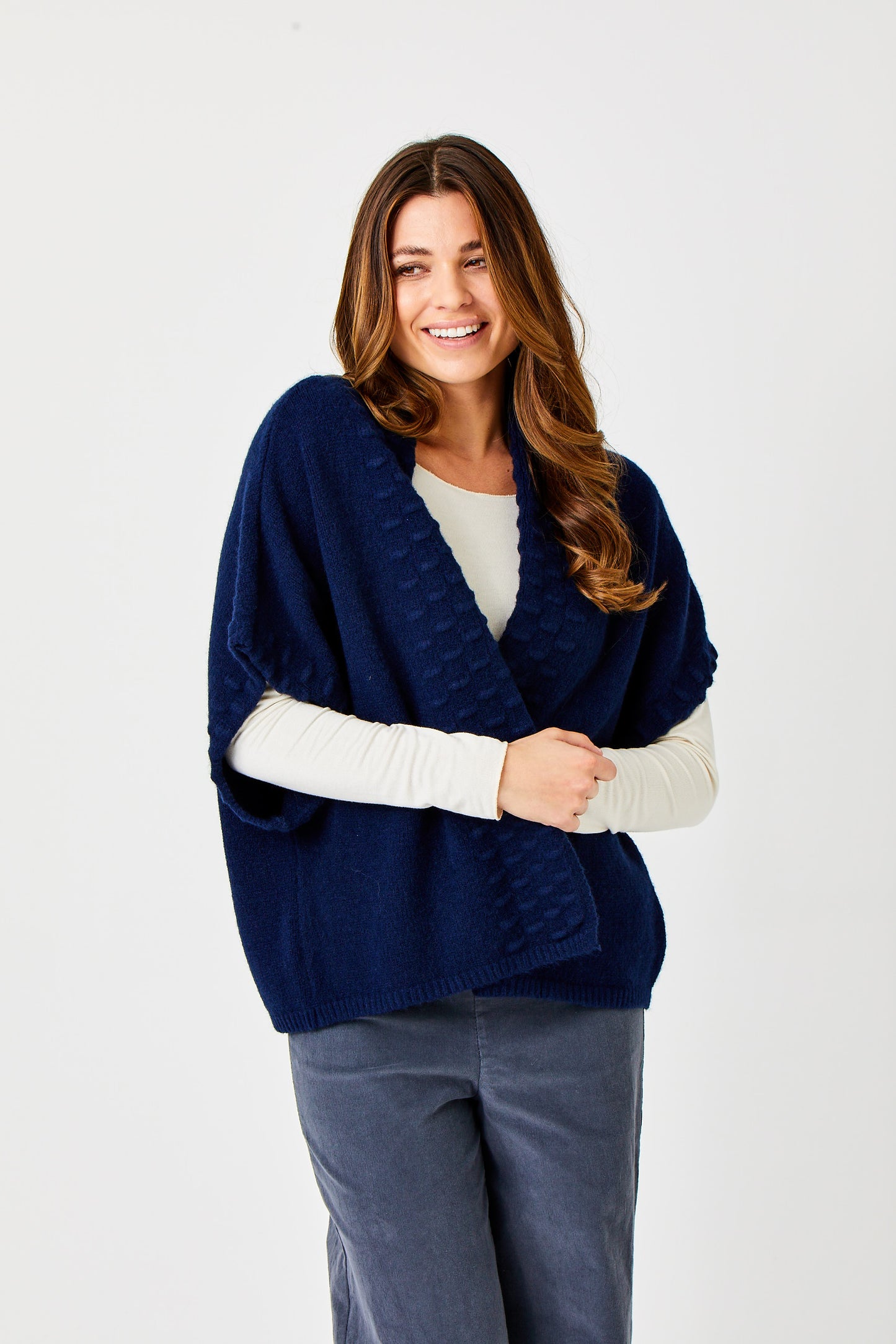 Teagan Short Sleeve Textured Front Knit Cardigan by Suzy D London in Midnight Blue